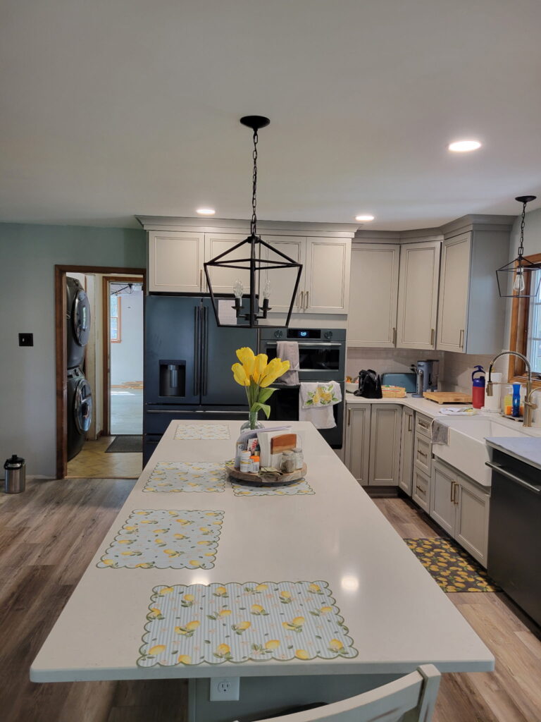 A new kitchen remodel by Jared D. Aungst Construction highlighting a new kitchen island.